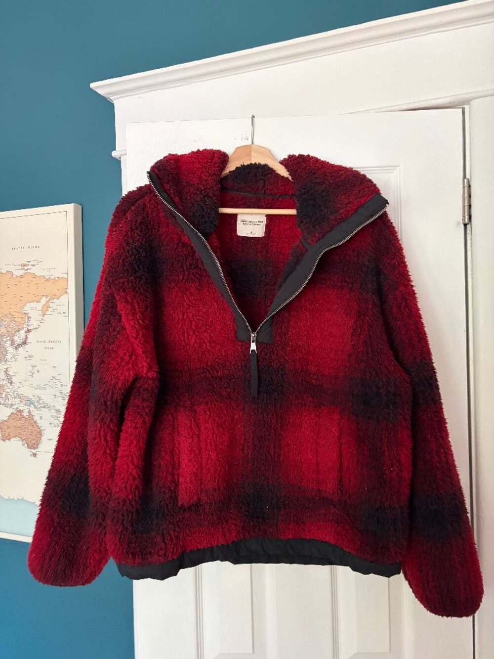 Abercrombie & Fitch Sherpa Half-Zip Pullover Red Black Buffalo Plaid Teddy Sz M